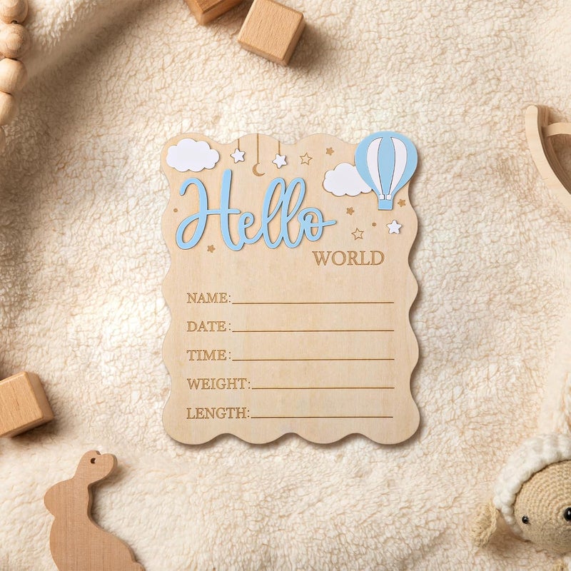 WSICSE Baby Announcement Sign,Wooden Hello World Newborn Signs Birth Announcement Sign and Pen for Baby Shower Hospital Nursery Newborn Boys and Girls (Blue) - Image 3
